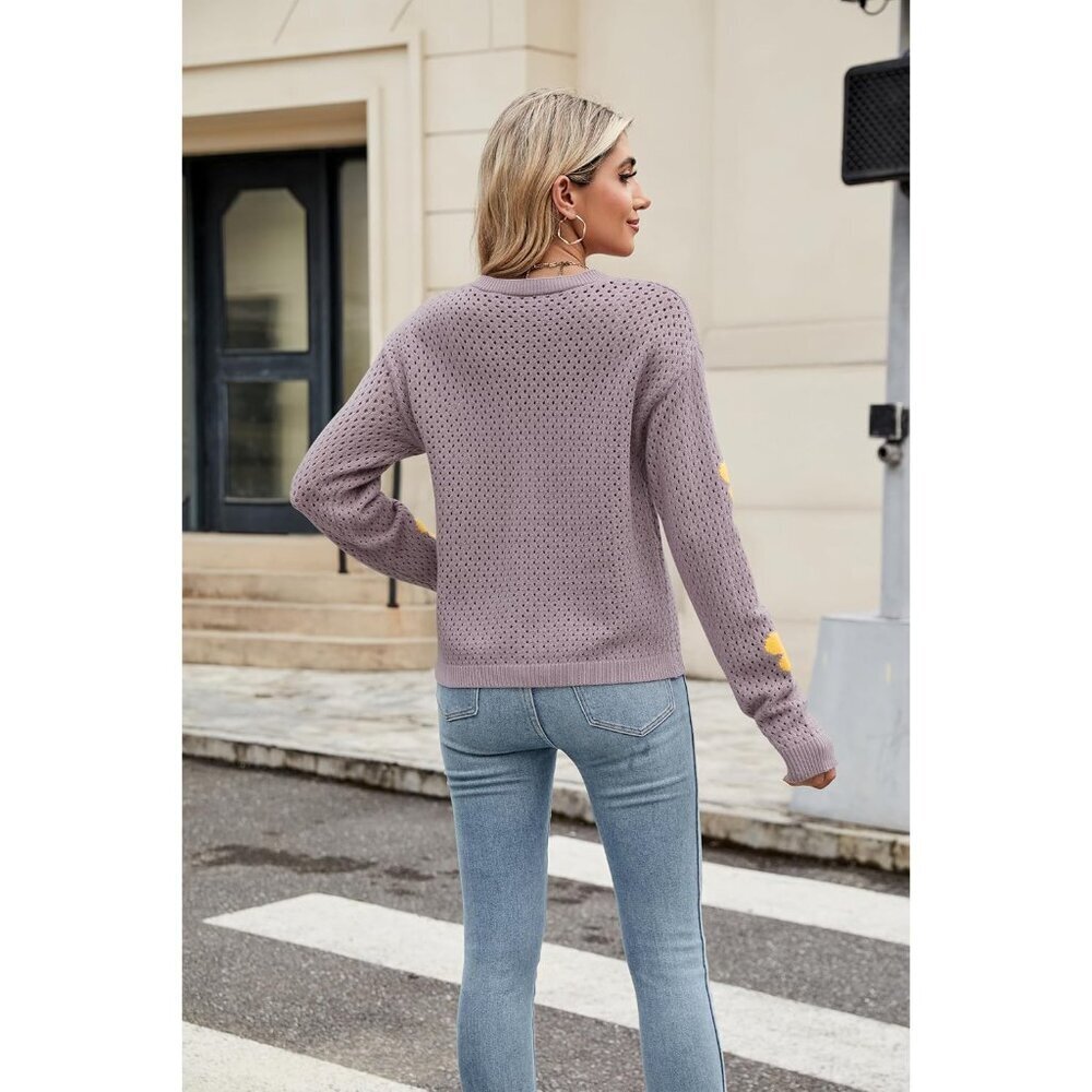 Women Crochet Cropped Cardigan Lightweight V Neck Flower Knit Fall Outfits - Picture 4 of 4